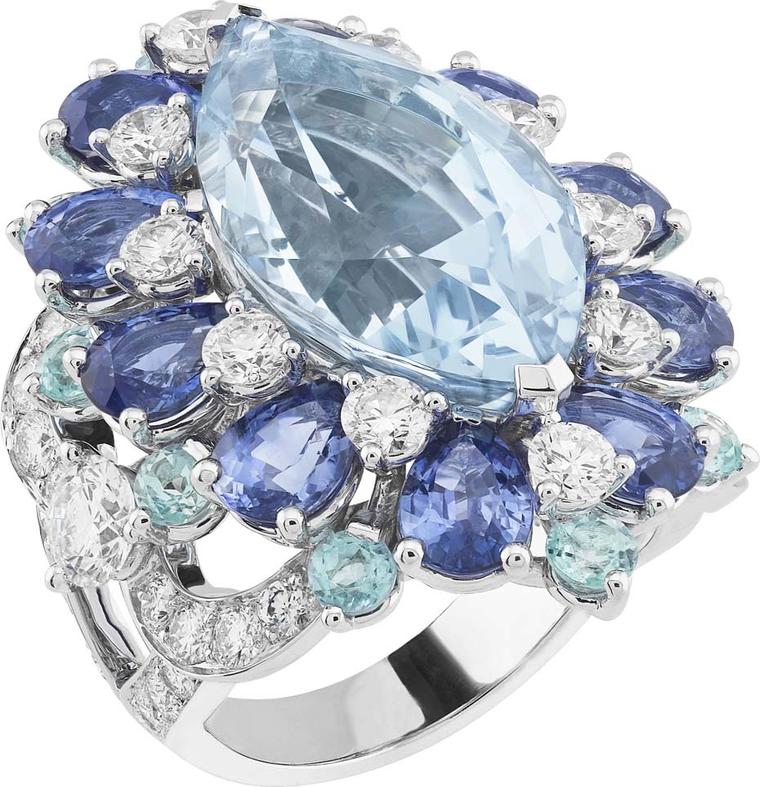 Van Cleef & Arpels aquamarine ring surrounded by diamonds, sapphires and tourmalines, from the Peau d'Âne high jewellery collection.